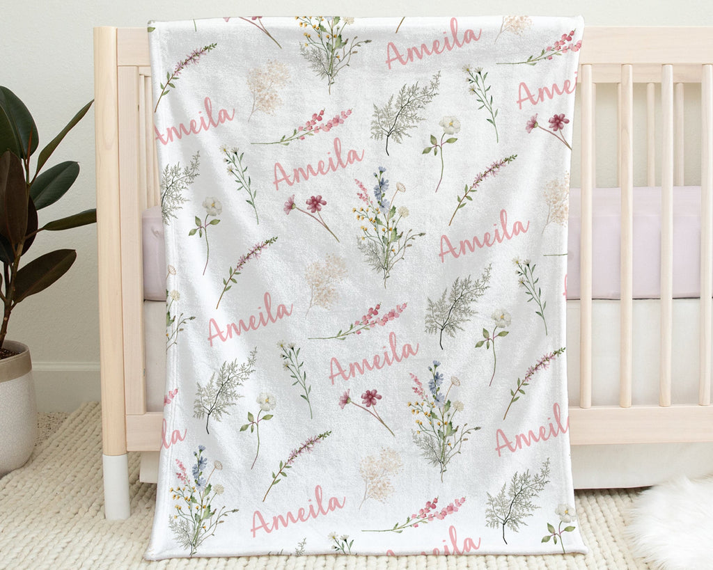 Wildflower personalized girls blanket, newborn baby name blanket with flowers, spring baby girl name swaddle, floral wildflowers baby gift