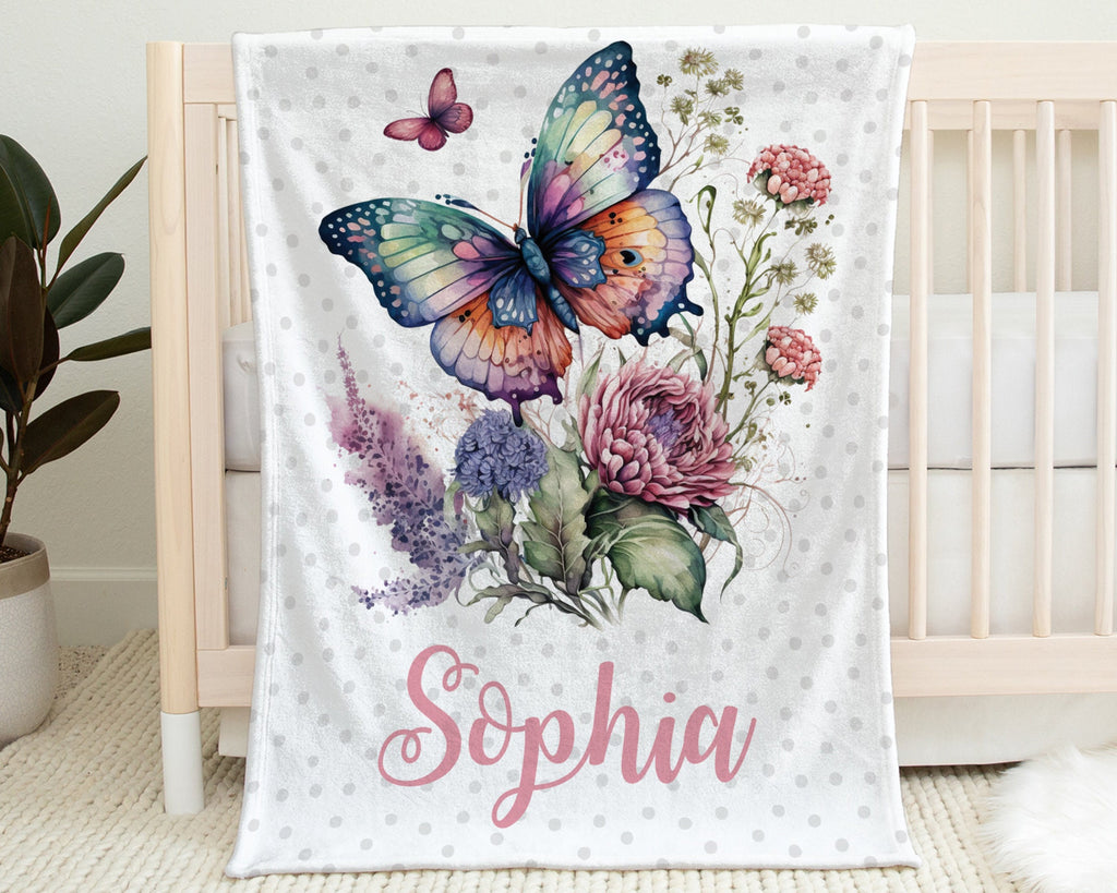 Butterfly baby girl blanket, flower butterfly newborn swaddle blanket with name, floral baby girl gift, personalized baby blanket