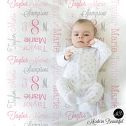 Baby girl monogram name blanket, pink and gray receiving swaddling blanket with initials and name, comong home baby gift, (CHOOSE COLORS)