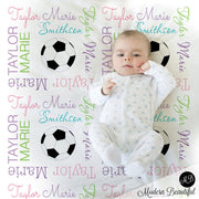 Personalized soccer baby blanket, newborn girl soccer/football blanket, personalized sports baby gift with name, boy or girl, (CHOOSE COLOR)