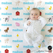 Personalized farm theme baby blanket, animal newborn baby gift, farm animal blanket with name, toddler or big kids, (CHOOSE COLORS)